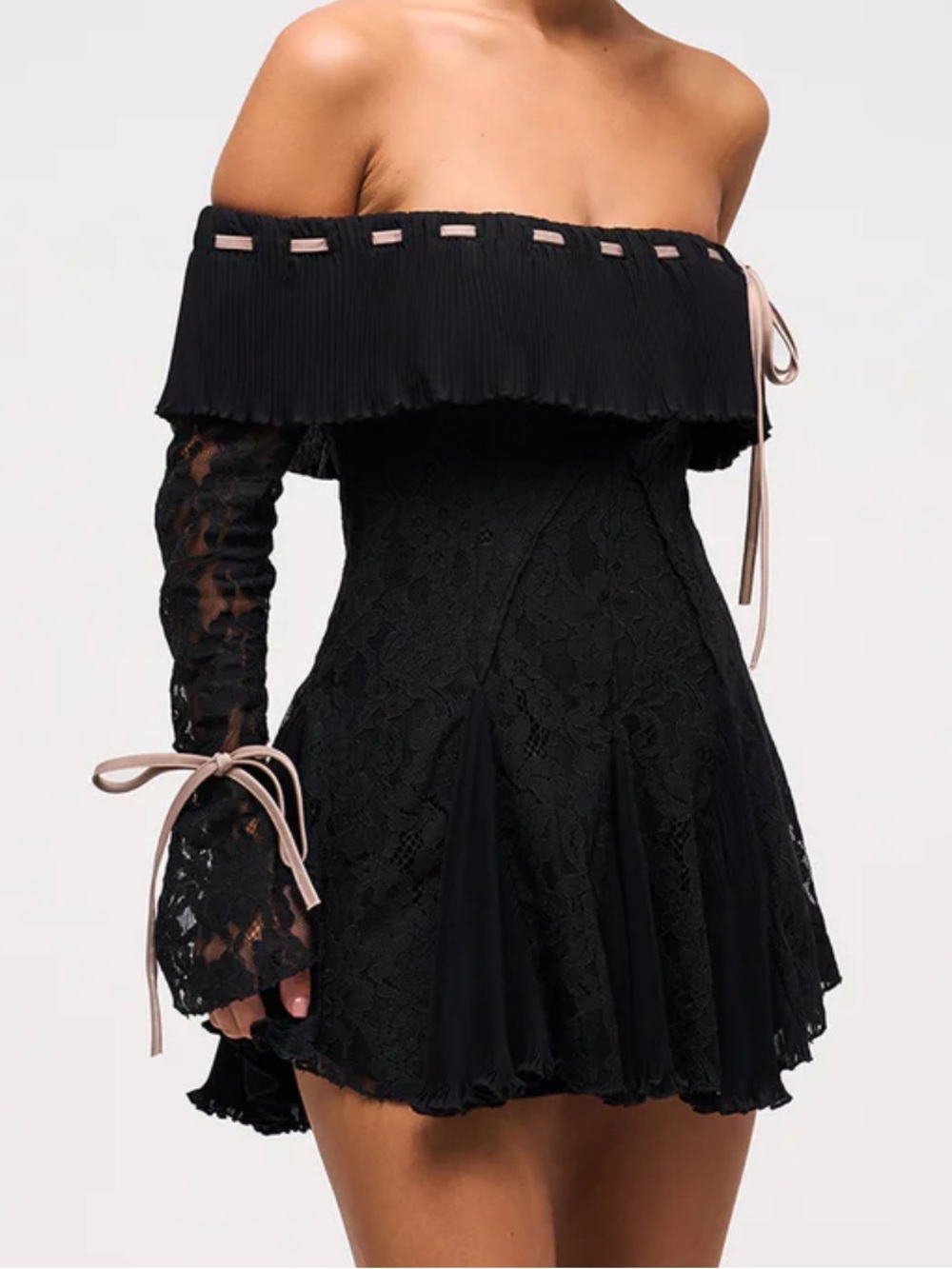 Murci Collette Fold Over Lace Mini Dress with Long Sleeves